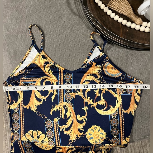 🔥Unbranded Versace Inspired Jumpsuit with Flare Legs. Pullon Blue&Gold Size:XL - Picture 10 of 13